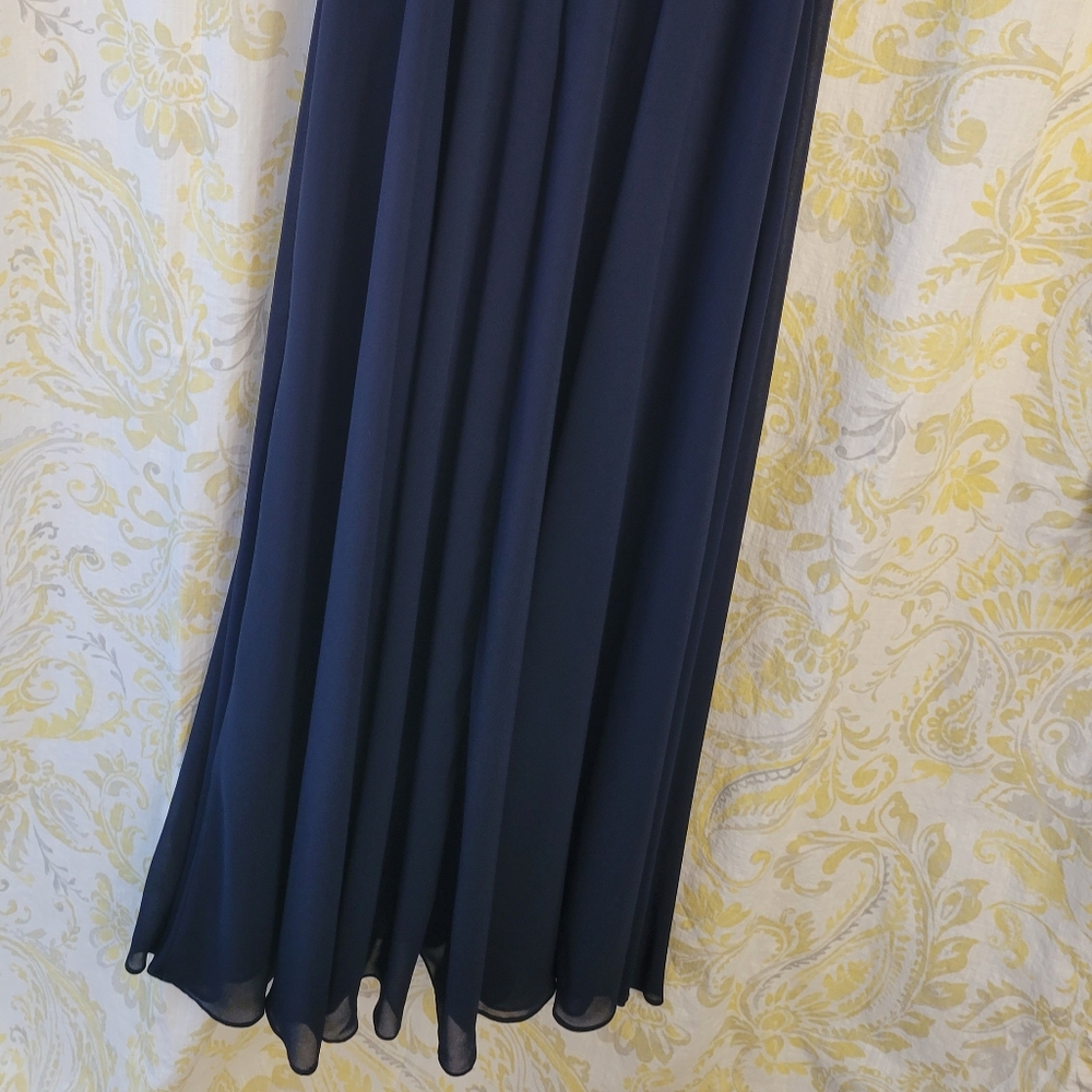 #LEVKOFF Ruffle V-Neck Chiffon Gown In Navy Color - Picture 9 of 11